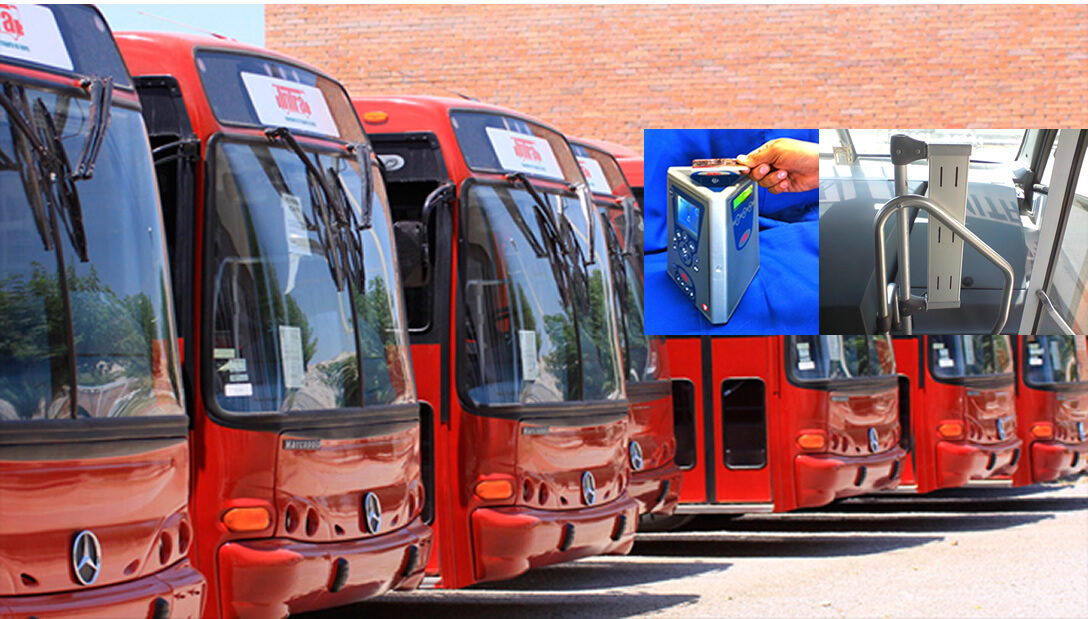 Unidades de transporte público equipadas con el sistema SUVEH: validador a bordo y terminal de recaudo.